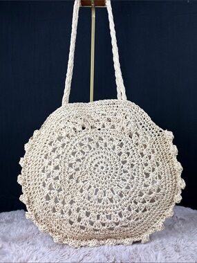 Crochet Round Sunburst Market Bag Boho Beach Tote Straw Style Cream